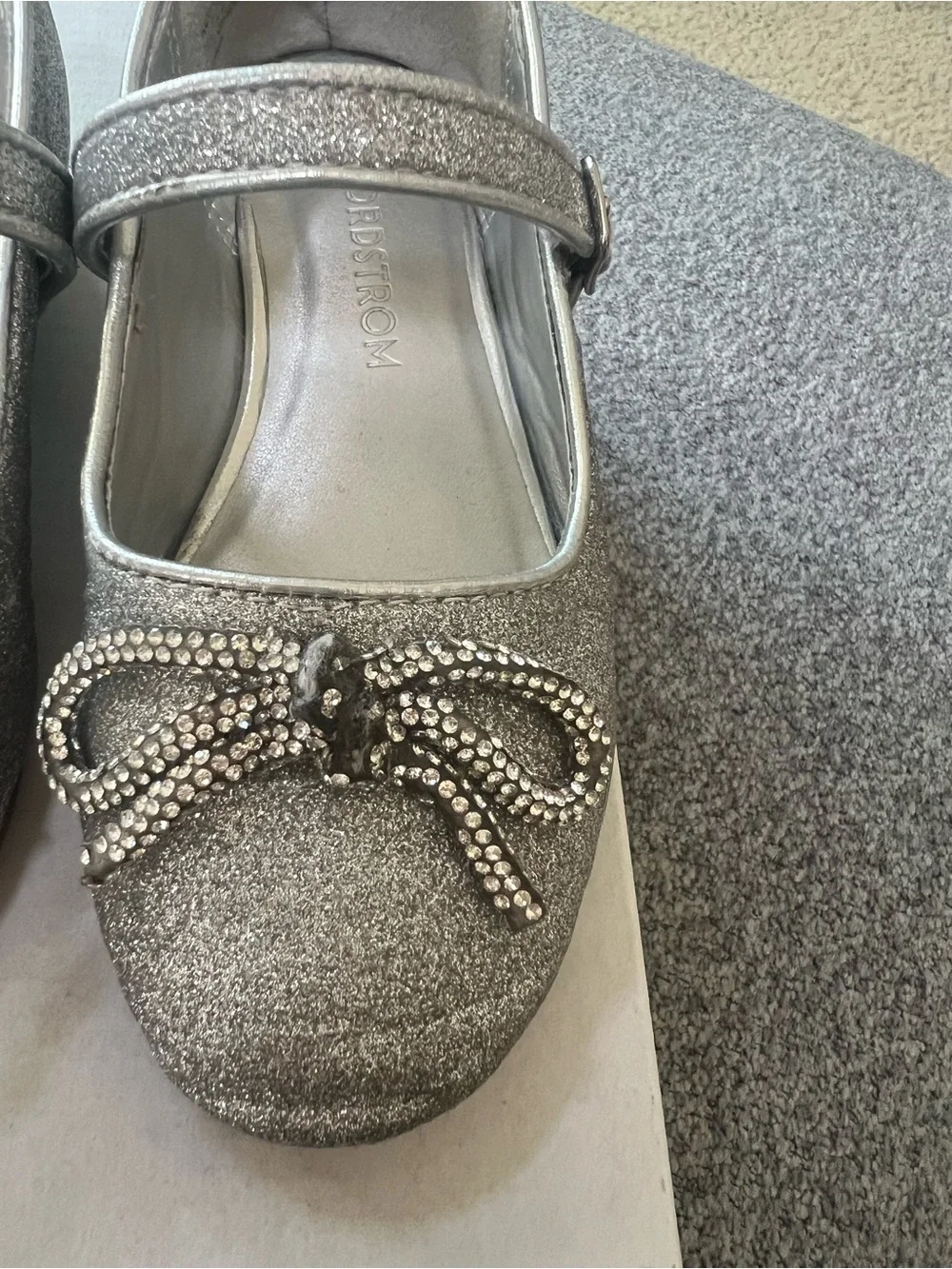 Nordstrom Silver Glitter Mary Jane Shoes with Crystal Bow